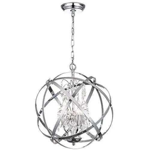 Modern Crystal Chandelier 4 Lights Industrial Metal Spherical Pendant Light with Chrome Finishes Hanging Fixture for Dining Room, Living Room …