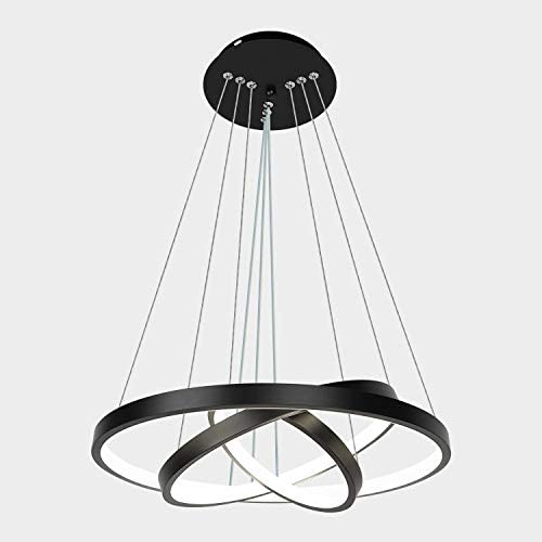 Modern Black LED Chandelier with 3-Ring Black Adjustable Hanging Pendant Light Ceiling Light Fixtures for Living Dining Room Kitchen Bedroom (16 inches Chandelier) - Cool Light, 6000K,56W