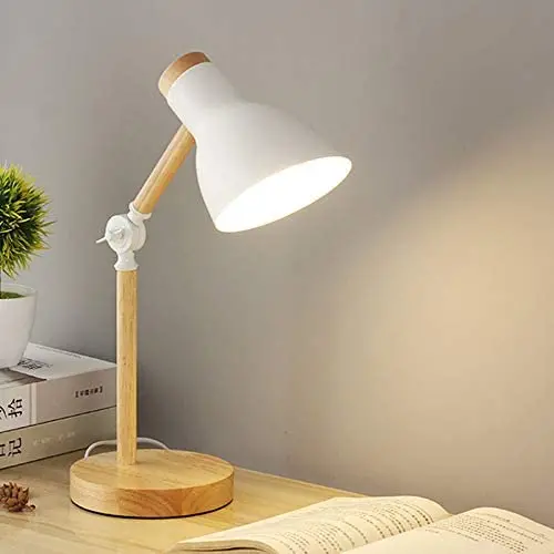 LITFAD Funnel Swing Arm Task Light Modern LED Table Light Macaron Iron 1 Head and Wood Reading Lamp Bedside Lamp for Kid Room Study Room Office Reading-Eye-Caring - White
