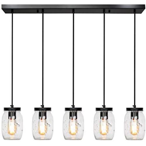 PUZHI HOME Mason Jar Pendant Lights, 5-Light Farmhouse Kitchen Island Light Rustic Chandelier Barn Pendant Lighting Ceiling Lamp for Kitchen Farm Barn Diningroom