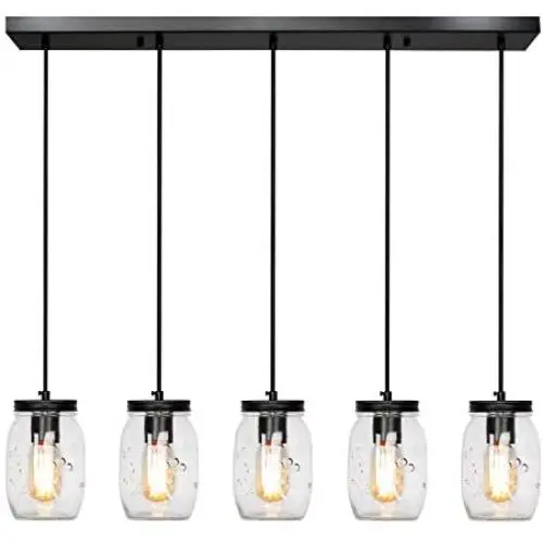 PUZHI HOME Mason Jar Pendant Lights, 5-Light Farmhouse Kitchen Island Light Rustic Chandelier Barn Pendant Lighting Ceiling Lamp for Kitchen Farm Barn Diningroom