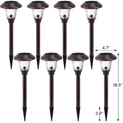 BEAU JARDIN 8 Pack Solar Lights with 7 Color Changing Pathway Outdoor Garden Stake Glass Stainless Steel Waterproof Auto On/Off Sun Powered Landscape Colorful Lighting Effect for Walkway Spike Bronze