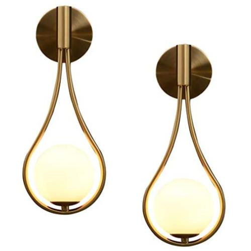 BOKT Modern Wall Lights Gold Glass Globe Wall Mounted Sconces Mid-Century Bedroom Bedsides Water Drop Wall Light Home Decoration (Hardwire- 2Pack)