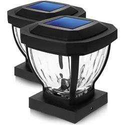 Home Zone Security Solar Post Cap Lights - Decorative Glass LED Outdoor 4x4 (3.5 x 3.5 in.) Post Lights, Black (2-Pack)