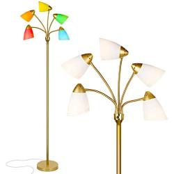 Brightech Medusa LED Floor Lamp - Multi Head Adjustable Tall Pole Standing Reading Lamp for Living Room, Bedroom, Kids Room - Includes LED bulbs and White & Colored Interchangeable Shades – Brass/Gold