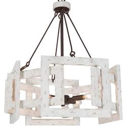 Farmhouse Chandelier, 4-Light White Wood Chandelier, Drum Chandelier for Kitchen Island, Dining Room, 20'' Diameter