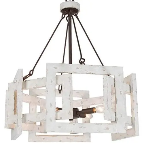 Farmhouse Chandelier, 4-Light White Wood Chandelier, Drum Chandelier for Kitchen Island, Dining Room, 20'' Diameter