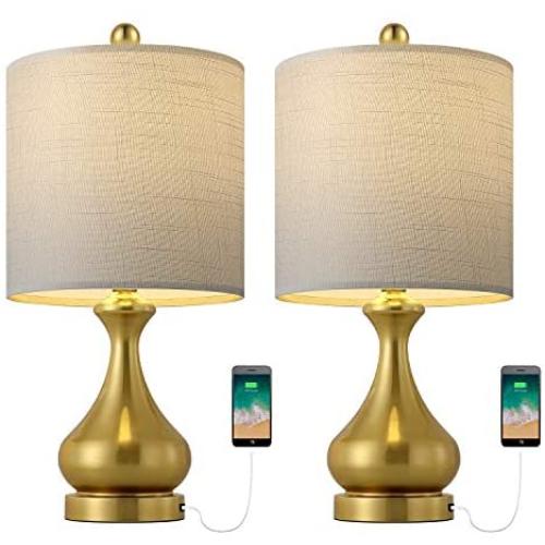 BOBOMOMO 21 Metal USB Table Lamp Set of 2 with Charging Port,Eye-Caring Nightstand Lamps Dressed in Brushed Gold Finish and White Lamp Shades for Bedroom, Living Room