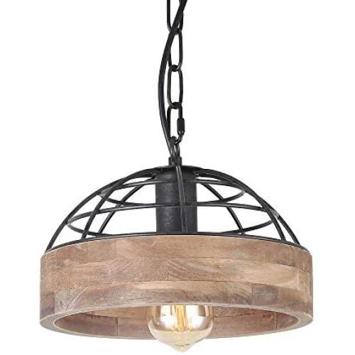 Anmytek Adjustable Wood Metal Chandelier Iron Net Frame Cover Pendant Lighting for Kitchen Island Rustic Industrial Edison Hanging Light Dining Room Vintage Ceiling Light Fixture 1-Light (P0027)