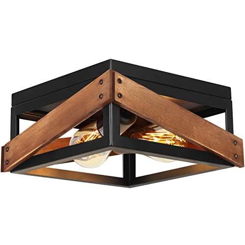 T&A Rustic Industrial 2 Light Flush Mount Ceiling Light, Farmhouse Ceiling Light Fixture with Metal and Wood Square for Entryway Hallway Bedroom Foyer Kitchen Dining Room