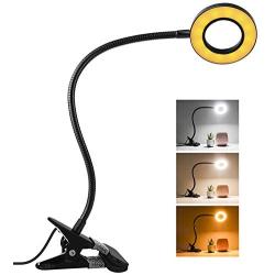 Semdisan LED Desk Lamp, Clip Reading Light, USB Amber Lights with 3 Color Modes 10 Brightness Dimmer, Auto Off, 360° Adjustable Gooseneck Lamp, Blue Light Blocking Bed Night Light