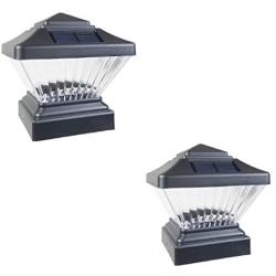 Square Solar LED Light Post Deck Cap 4x4 PVC Fence Style Outdoor Garden Light Landscape Lamp Lawn Vinyl Wood (Black - 2 Pack)
