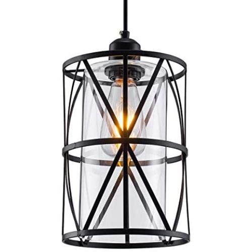 SHENGQINGTOP Black Industrial Metal Pendant Light, Cylindrical Pendant Light with Clear Glass Shape, New Transitional Hanging Lighting Fixture for Kitchen Island Counter Dining Room Bedroom Restaurant