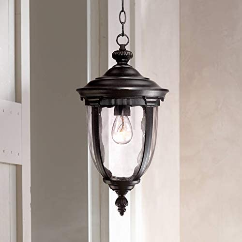 Bellagio Traditional Outdoor Ceiling Light Hanging Texturized Black 18'' Clear Hammered Glass Damp Rated for Exterior House - John Timberland