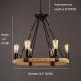 NOXARTE Round Hemp Rope Chandelier Vintage Black Pendant Light Retro Wagon Wheel Lighting Fixture for Dining Room Farmhouse 6-Light