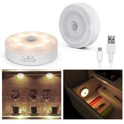 Motion Sensor Light 5v Usb Powered Led Puck Lights Rechargeable Motion Activated Closet Light Wireless Smart Under Cabinet Lighting Warm White Led Night Light for Bedroom Stair Hallway Decor (2 Packs)