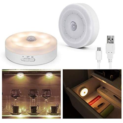 Motion Sensor Light 5v Usb Powered Led Puck Lights Rechargeable Motion Activated Closet Light Wireless Smart Under Cabinet Lighting Warm White Led Night Light for Bedroom Stair Hallway Decor (2 Packs)