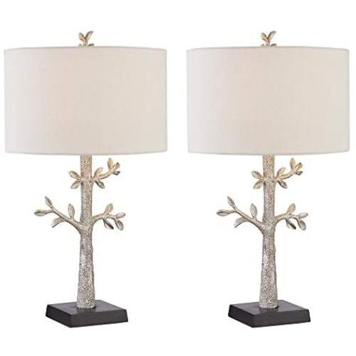 Maxax Table Lamps Set of 2 Nightstand Lamp with Leaf Detailed Body & Oatmeal Fabric Shade for Living Room and Bedroom