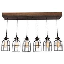 West Ninth Vintage Fayette Wood Pendant Chandelier Light - Farmhouse Rustic Lighting for Kitchen Island - Dining Room - Bar - Industrial - Billiard Table - Edison Cages - Six Pendants - Jacobean