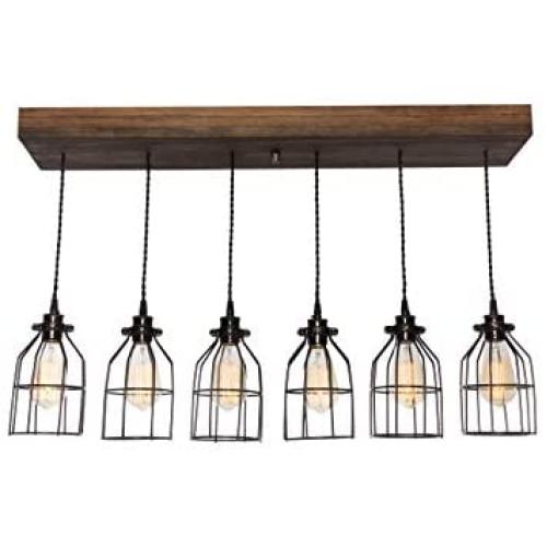 West Ninth Vintage Fayette Wood Pendant Chandelier Light - Farmhouse Rustic Lighting for Kitchen Island - Dining Room - Bar - Industrial - Billiard Table - Edison Cages - Six Pendants - Jacobean