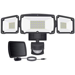 Samuyang LED Solar Security Lights Outdoor, IP65 Waterproof Dusk to Dawn Solar Motion Sensor Light,1500LM,6000K Daylight Black Flood Light with 3 Adjustable Head for Garage,Backyard, Pathway,Patio