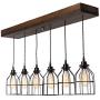 West Ninth Vintage Fayette Wood Pendant Chandelier Light - Farmhouse Rustic Lighting for Kitchen Island - Dining Room - Bar - Industrial - Billiard Table - Edison Cages - Six Pendants - Jacobean