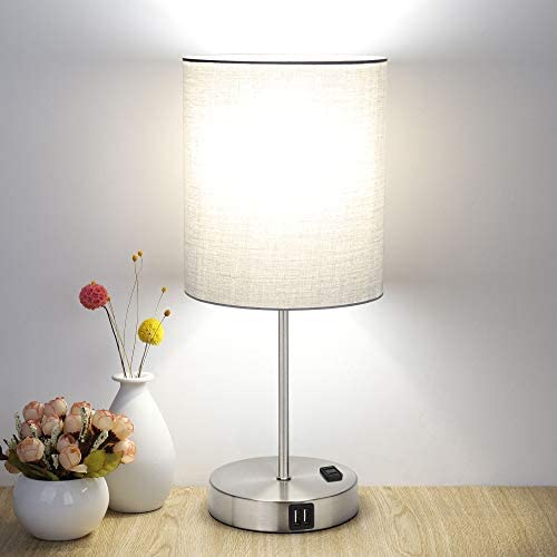 Touch Control Table Lamp, 3 Way Dimmable Bedside Desk Lamp with 2 Fast USB Ports and AC Outlet, Nightstand Lamp for Bedroom Living Room, Modern Office Lamp, Silver Base, 60W LED Bulb Included