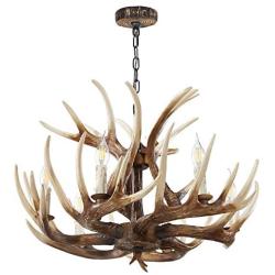 Antler Chandelier 6 Light Vintage Style Resin Antler Ceiling Light 24.5'' Diameter X 15.75'' Tall for Living Room Dining Room Brown BN-1033-6 BR