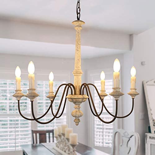 Shabby Chic Distressed White Wooden Chandelier, 6-Light French Country Wood Candle Chandelier