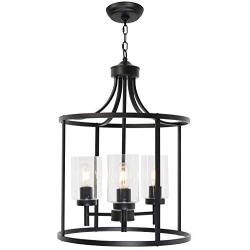 VINLUZ Industrial Pendant Lighting Black 3-Light Kitchen Island Chandeliers Modern with Clear Glass Shade, Foyer Farmhouse Lighting Fixture Ceiling Hanging for Dining Room Entryway