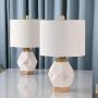 Maxax Table Lamp Ceramic Bedside Nightstand Lamp Set of 2 White Geometric Desk Lamp with Drum Fabric Shade for Living Room Family Bedroom