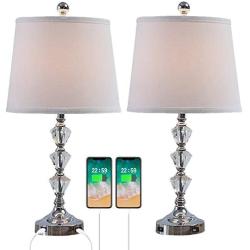 HiiARug Clear Crystal Bedside Lamps Set of 2 22-inch Chrome Table Lamp Dual USB Charging Ports Clear Crystal Ball Beige Fabric Shade Nightstand Lamp Perfect for Bedroom Living Room(GV3138CH, 2 Packs)