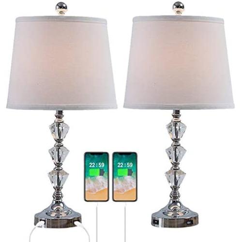 HiiARug Clear Crystal Bedside Lamps Set of 2 22-inch Chrome Table Lamp Dual USB Charging Ports Clear Crystal Ball Beige Fabric Shade Nightstand Lamp Perfect for Bedroom Living Room(GV3138CH, 2 Packs)