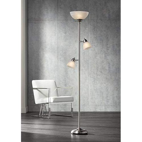 Ellery Modern Torchiere Floor Lamp 3-Light Brushed Steel Frosted White Glass Shades for Living Room Reading Bedroom Office - 360 Lighting