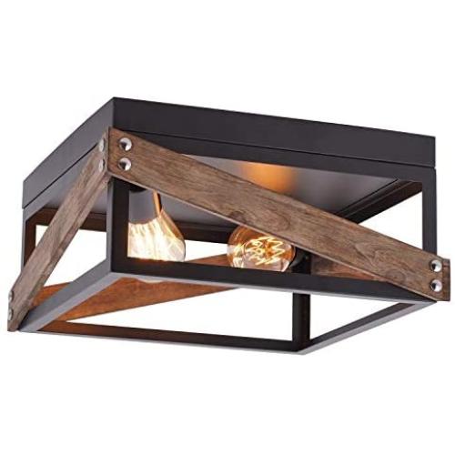 Eyassi Black Flush Mount Ceiling Light with Wood, 2-Lights Farmhouse Close to Ceiling Lighting Fixtures Wood Industrial Lamps for Living Room Kitchen Island Bedroom Hallway Entryway Closet Office