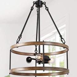 KSANA Farmhouse Chandelier for Dining Room, 3-Light Drum Chandelier for Foyer, Entryway, Hand-Painted Faux-Wood Finish W16’’ X H23’’