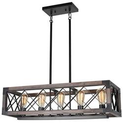 Baiwaiz Rustic Wood Chandelier, Metal Rectangle Dining Room Chandelier Lighting Farmhouse Kitchen Pendant Island Light Fixtures 5 Lights Edison E26 032A