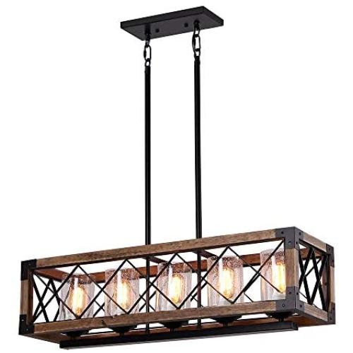 Giluta Rectangle Wood Metal Pendant Light Kitchen Island Chandelier Black Finish Rustic Industrial Chandelier Vintage Ceiling Light Fixture 5 Lights with Seeded Glass Shade (17810)