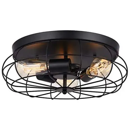 LOKHOM Industrial Semi Flush Mount Ceiling Light, Oil Rubbed Finish, 3-Light Rustic Metal Cage Kitchen Ceiling Light Fixture for Farmhouse Living Room Dining Room Bedroom Hallway, E26, Black