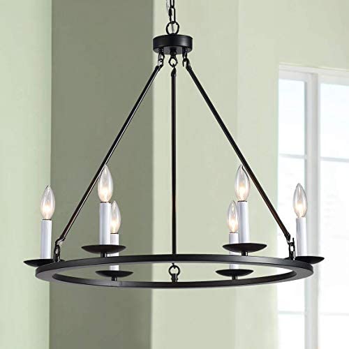 Bestier Wagon Wheel Chandelier 6 Lights Farmhouse Light Fixture Black Metal Finish 26'' Rustic Kitchen Island Dining Pendant Lighting