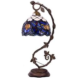 Tiffany Lamps Stained Glass Table Desk Reading Lamp Crystal Bead Sea Blue Dragonfly Style Shade W8H20.5 Inch for Living Room Bedroom Bookcase Dresser Coffee Table (S220)