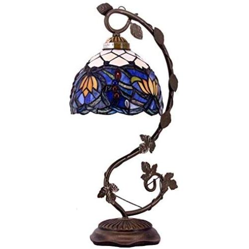 Tiffany Lamps Stained Glass Table Desk Reading Lamp Crystal Bead Sea Blue Dragonfly Style Shade W8H20.5 Inch for Living Room Bedroom Bookcase Dresser Coffee Table (S220)