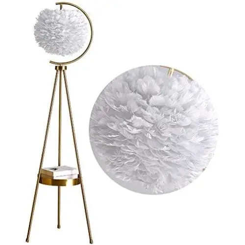 Tripod Standing Floorlights Modern Brushed Golden Metal Floor Lamp - White Feather Shade Dimmable for Living Room Reading Bedroom Office - High 162CM,Gold