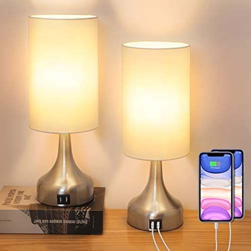 Yoxdalmk 3-Way Dimmable Touch Control Table Lamp Set of 2, Modern Bedside Desk Lamp with Dual USB Charging Ports, White Fabric Lampshade Nightstand Lamp for Bedroom, Living Room (LED Bulbs Included) Yoxdalmk 3-Way Dimmable Touch Control Table Lamp Set of 2, Modern Bedside Desk Lamp with Dual USB Charging Ports, White Fabric Lampshade Nightstand Lamp for Bedroom, Living Room (LED Bulbs Included)