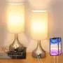 Yoxdalmk 3-Way Dimmable Touch Control Table Lamp Set of 2, Modern Bedside Desk Lamp with Dual USB Charging Ports, White Fabric Lampshade Nightstand Lamp for Bedroom, Living Room (LED Bulbs Included)