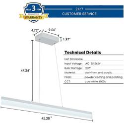 LED Linear Pendant Light Flush Mount Tube Modern Chandeliers for Office Dining Room Kitchen Table, 6000k, White