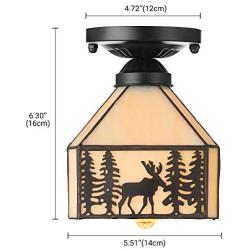 KWOKING Lighting Vintage Elk Pattern Ceiling Lighting Fixtures Tiffany Stained Glass Style Flush Mount Ceiling Light for Living Room, Hallway, Kitchen, Dining Room Black 7.48inch