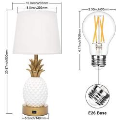 Bedside Touch Lamp with USB Charging Port, 3 Way Dimmable Modern Nightstand Lamp with White Lampshade Pineapple LED Touch Lamp for Living Room, Bedroom, Guest Room, Office, 6W LED Edison Bulb Included