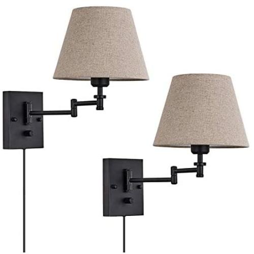 Wall Sconce Sets of 2 Wall Lamps with Plug in Cord Adjustable Swing Arm Wall Lights Bedroom Fabric Shade Wall Mount Sconce Fixtures for Living Room Bedside Hallway (Black base, Beige shade)