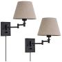Wall Sconce Sets of 2 Wall Lamps with Plug in Cord Adjustable Swing Arm Wall Lights Bedroom Fabric Shade Wall Mount Sconce Fixtures for Living Room Bedside Hallway (Black base, Beige shade)